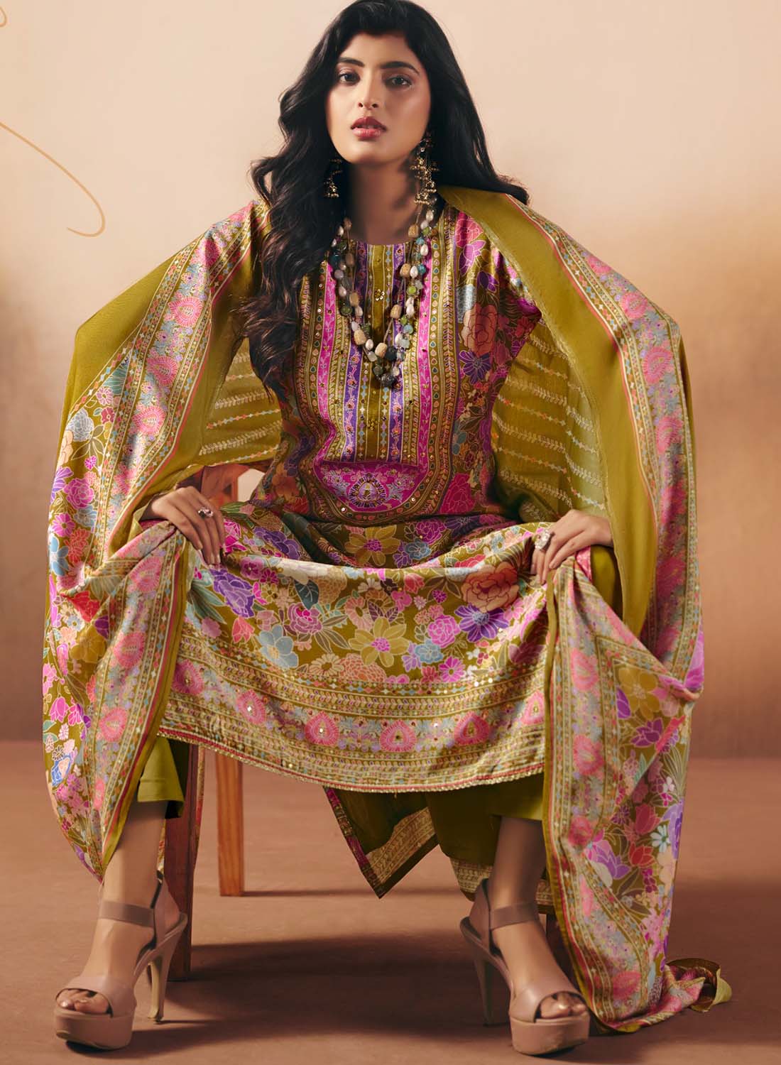 Party Wear Muslin Shimmer Green Unstitched Salwar Suit Material for Women