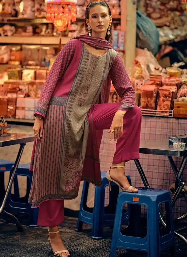 Pink Unstitched Pashmina Winter Salwar Suit Set Material for Women