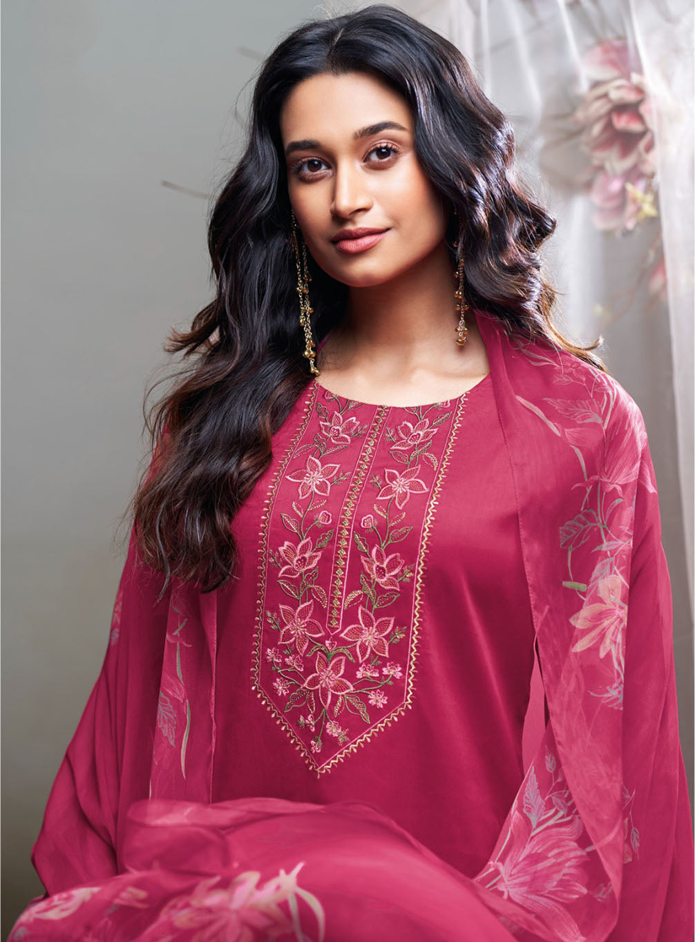 Ganga Pink Unstitched Cotton Satin Suit Material with Chiffon Dupatta
