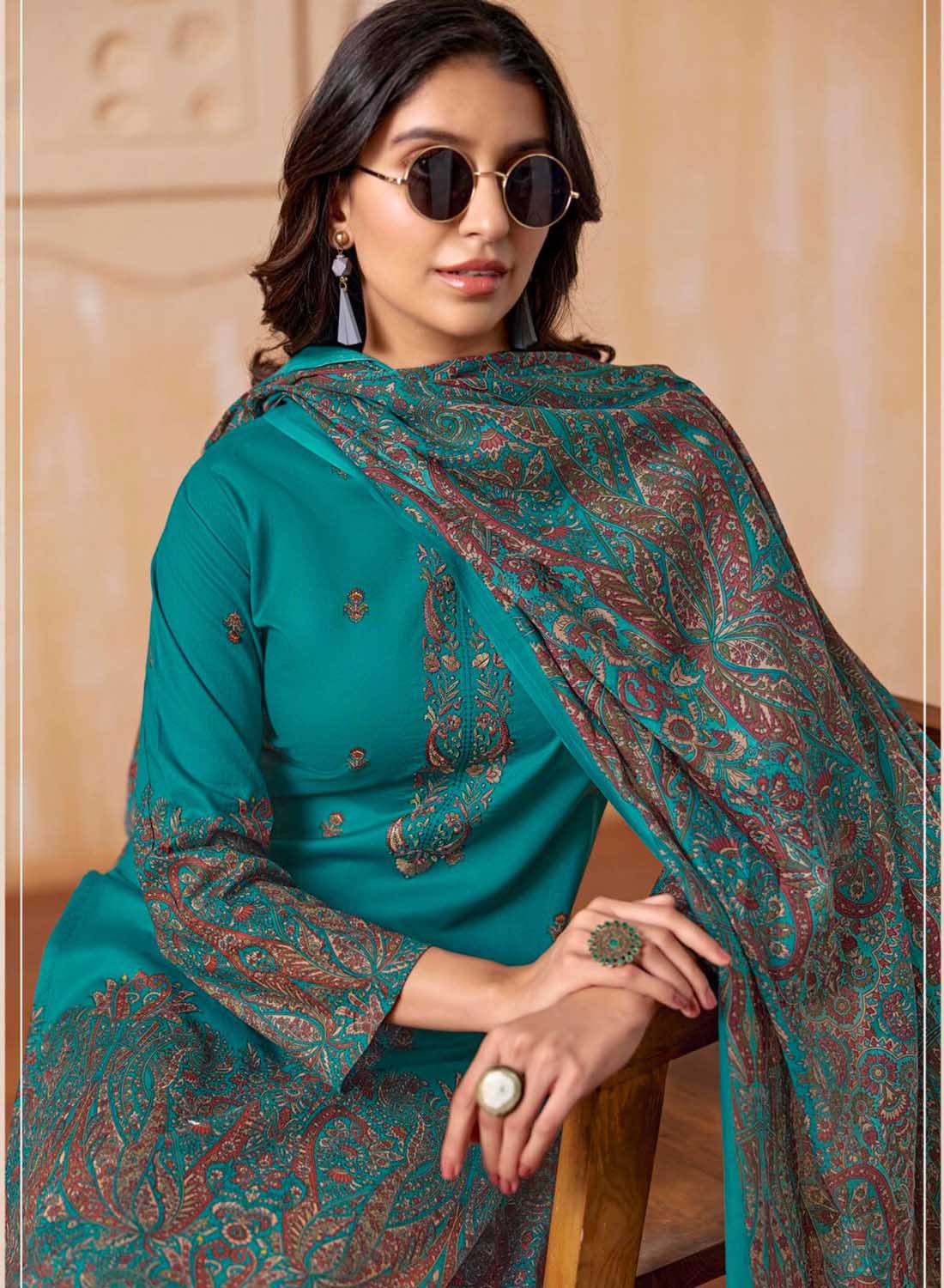 Teal Cambric Cotton Unstitched Suit Material Printed with Embroidery