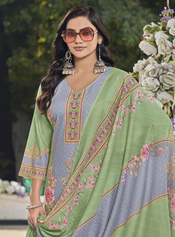 Printed Green Cotton Unstitched Suit Dress Material with Dupatta for Women
