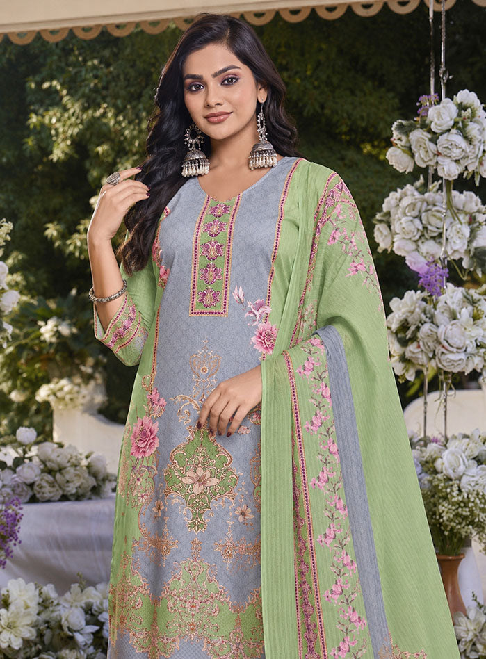 Printed Green Cotton Unstitched Suit Dress Material with Dupatta for Women