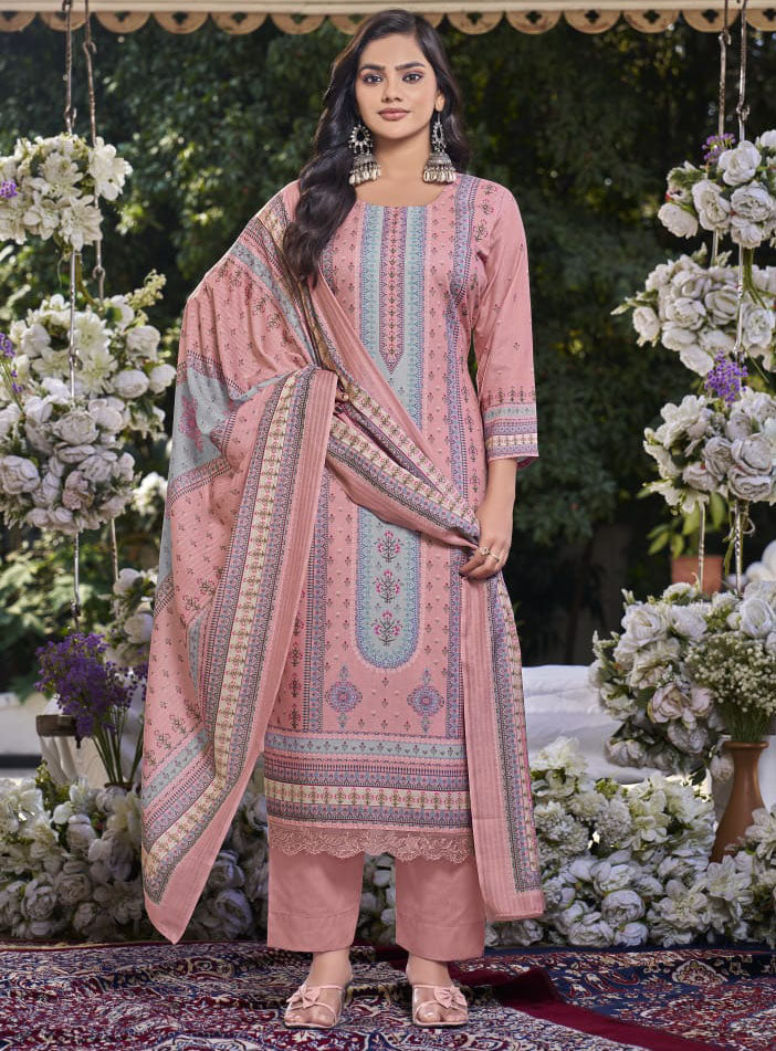 Printed Pink Cotton Unstitched Suit Material with Dupatta for Women
