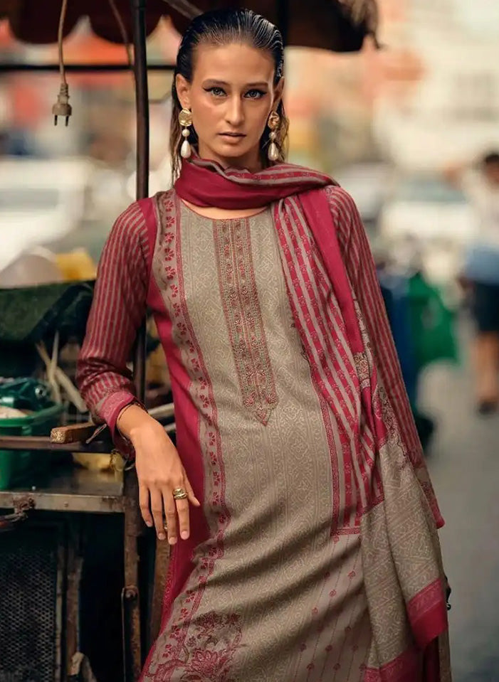 Red Unstitched Pashmina Winter Salwar Suit Set Material for Women