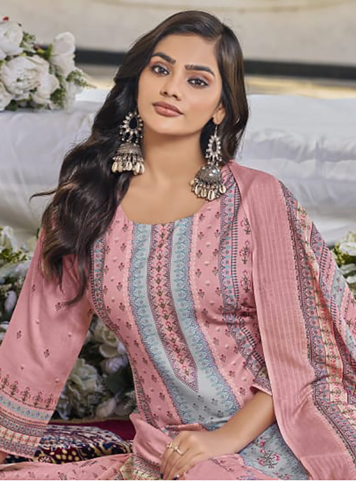Printed Pink Cotton Unstitched Suit Material with Dupatta for Women