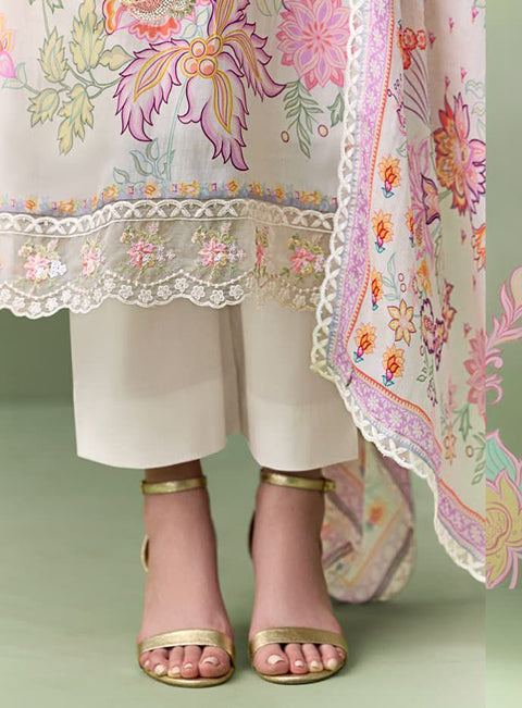 Pure Muslin Party Wear White Unstitched Suit Material with Embroidery