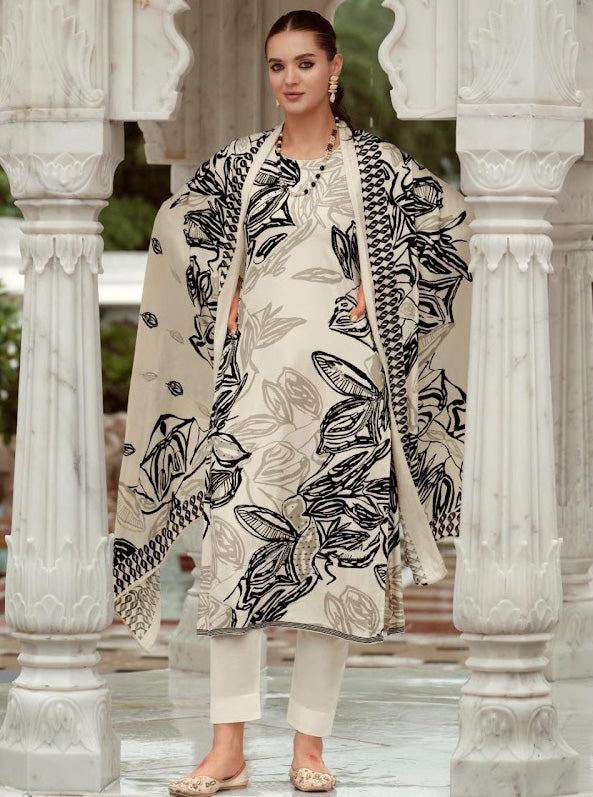 Cream Pashmina Unstitched Winter Salwar Suit Set Fabric Material