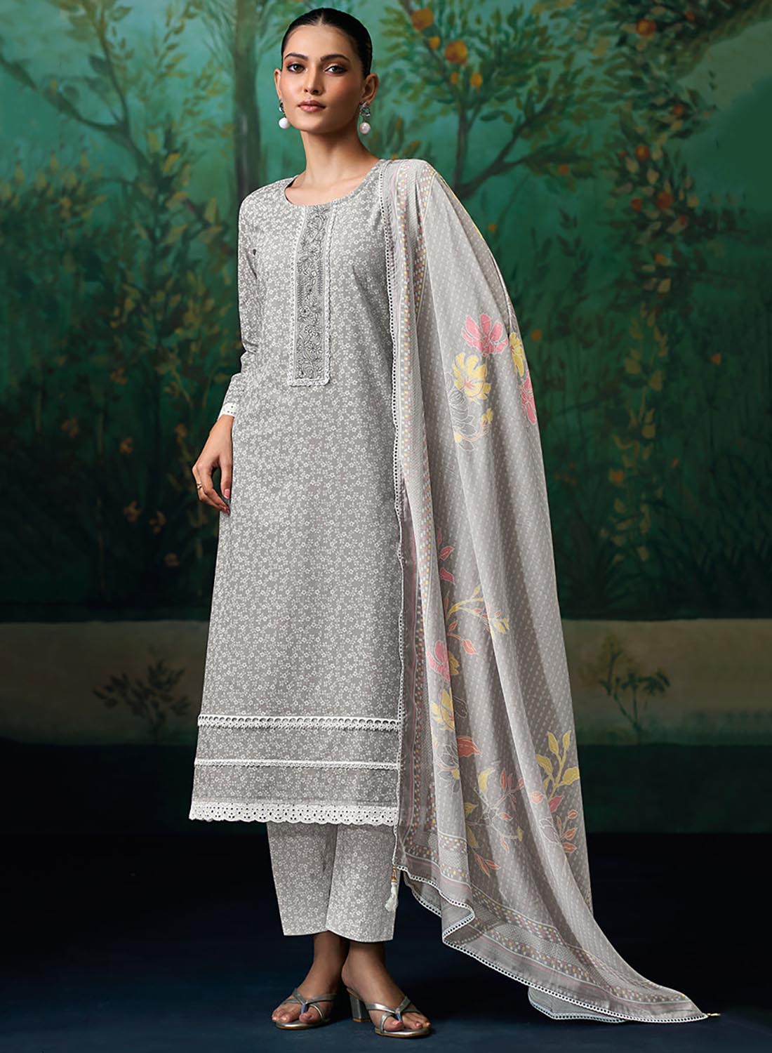 Printed Pure Cotton Grey Unstitched Suit Material for Women with Dupatta