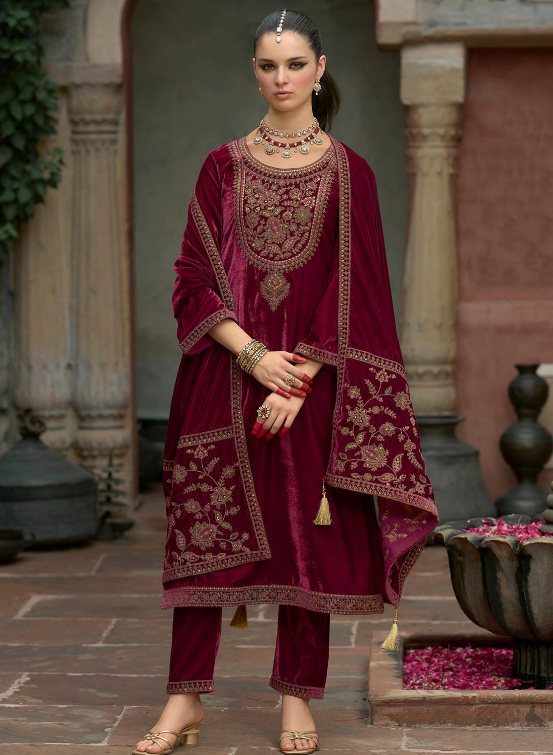 Embroidered Party Wear Velvet Unstitched Suit Dress Material with Dupatta