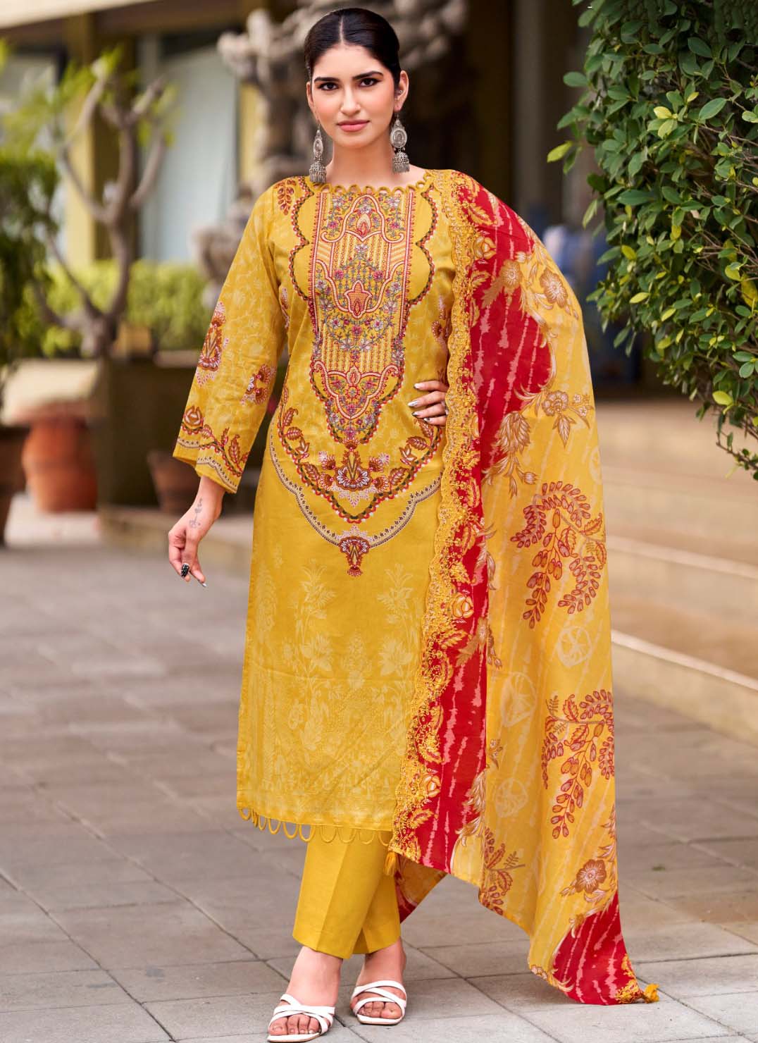 Pakistani Print Cambric Cotton Unstitched Suit Fabric with Embroidery Yellow