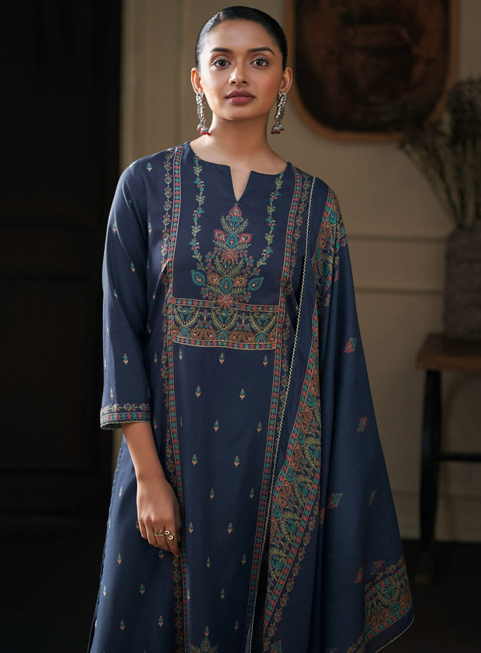 Ganga Pashmina Blue Unstitched Winter Suit Dress Material for Women