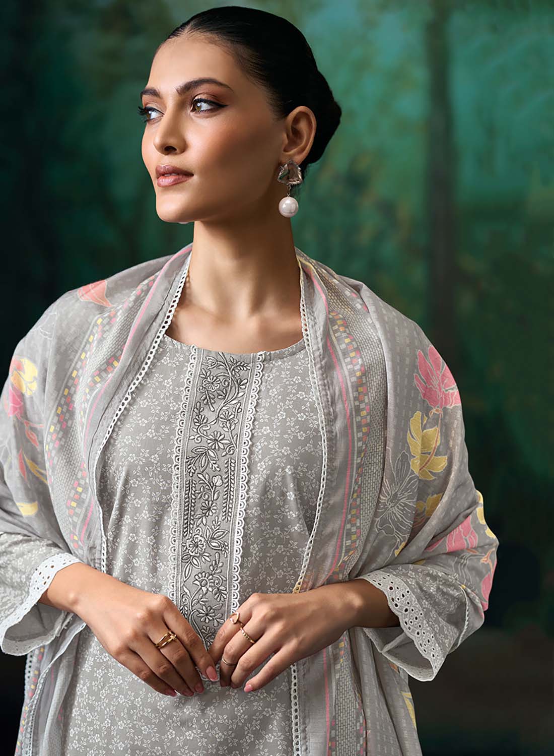 Printed Pure Cotton Grey Unstitched Suit Material for Women with Dupatta