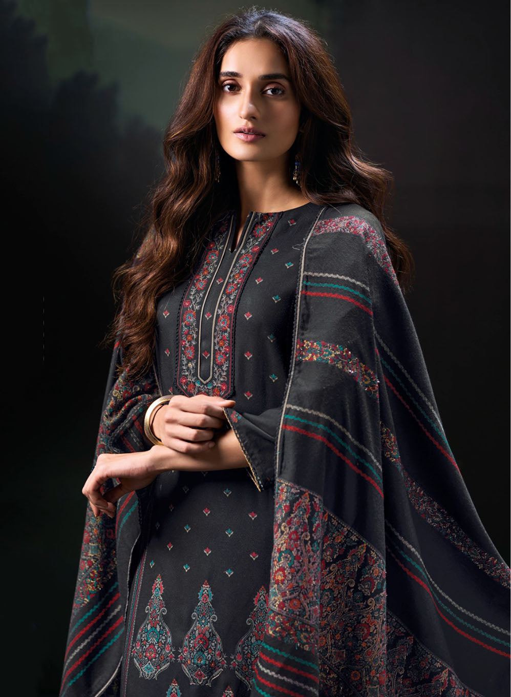 Ganga Black Pashmina Unstitched Winter Salwar Suit Material for Women
