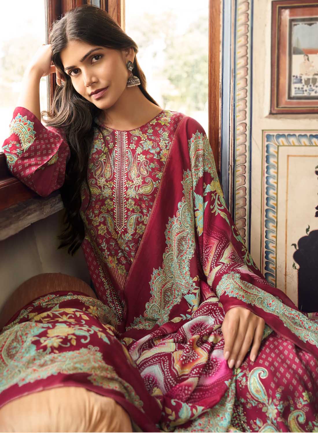 Maroon Pure Muslin Unstitched Salwar Suit Material with Handwork