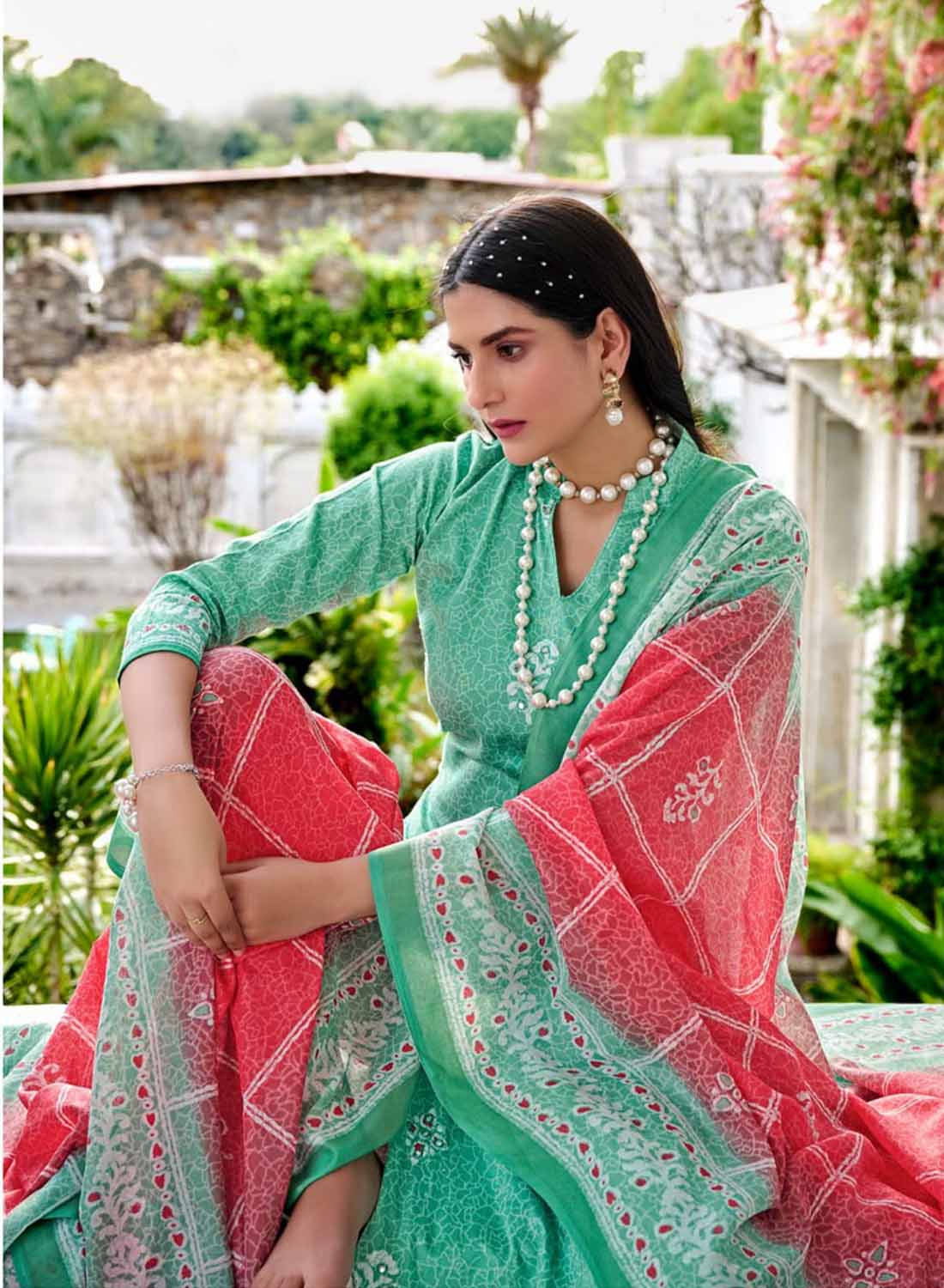 Pure Cotton Printed Unstitched Suit Material with Mirror Work and Lace