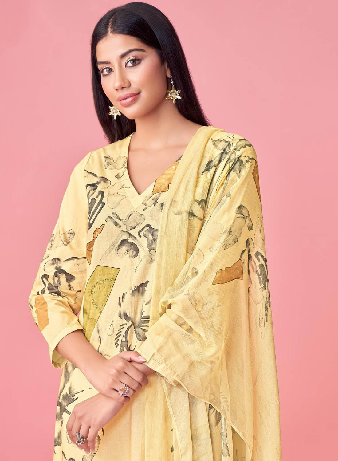 Yellow Pure Cotton Lawn Printed Unstitched Salwar Suit Dress Material
