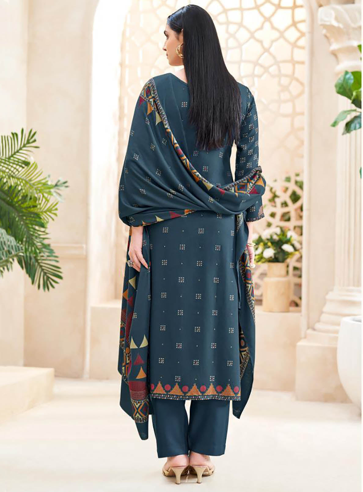 Blue Viscose Pashmina Unstitched Winter Salwar Suit Material for Women