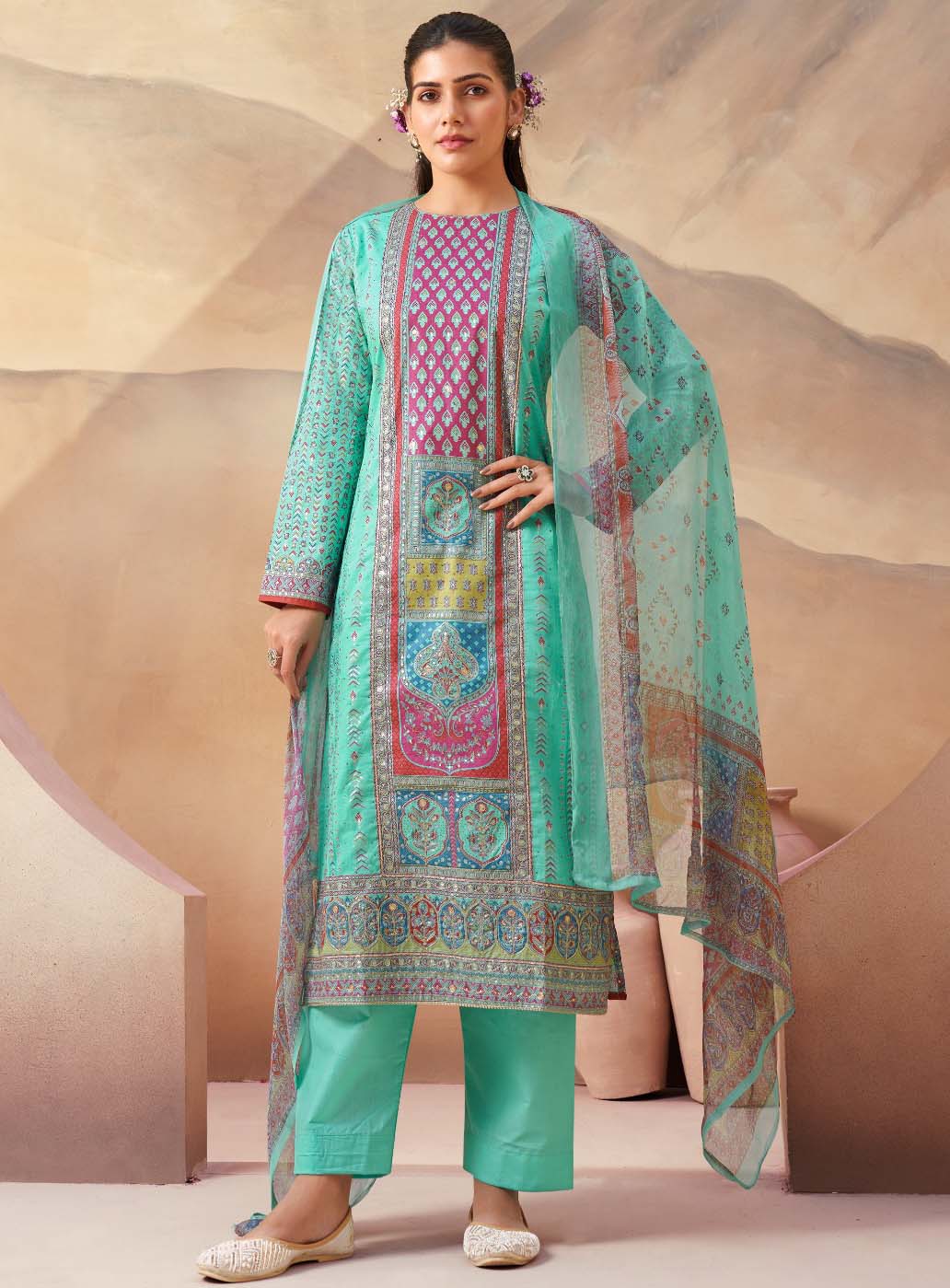 Pure Cambric Cotton Unstitched Salwar Suit Material with Zari Work