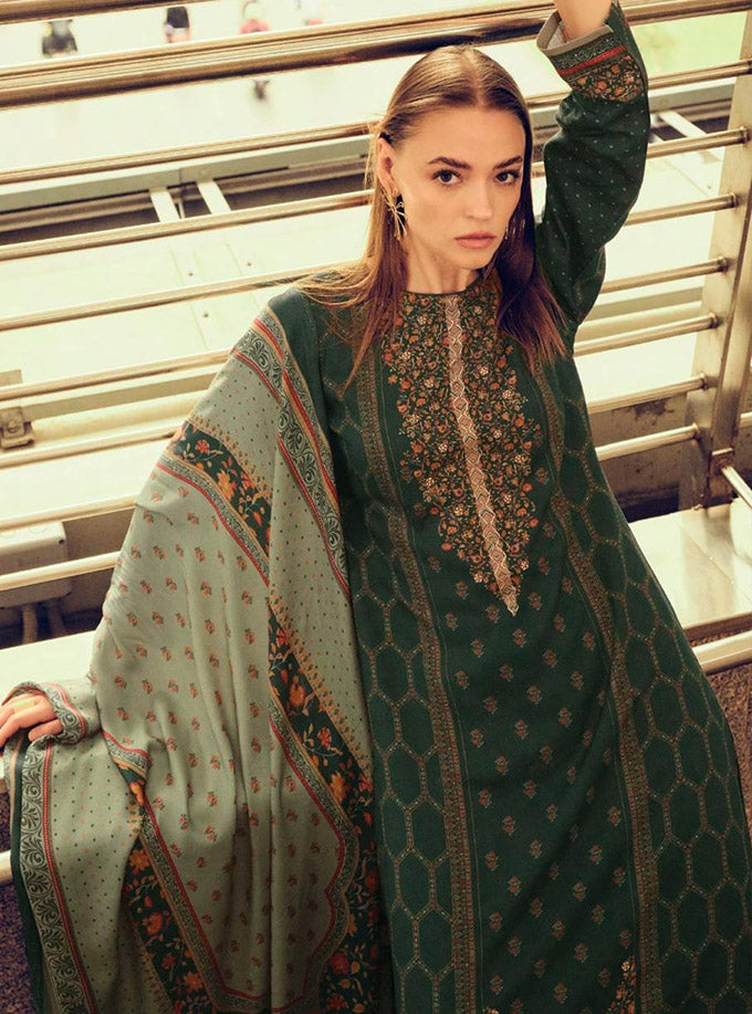 Viscose Pashmina Green Unstitched Winter Salwar Suit Set Dress Material