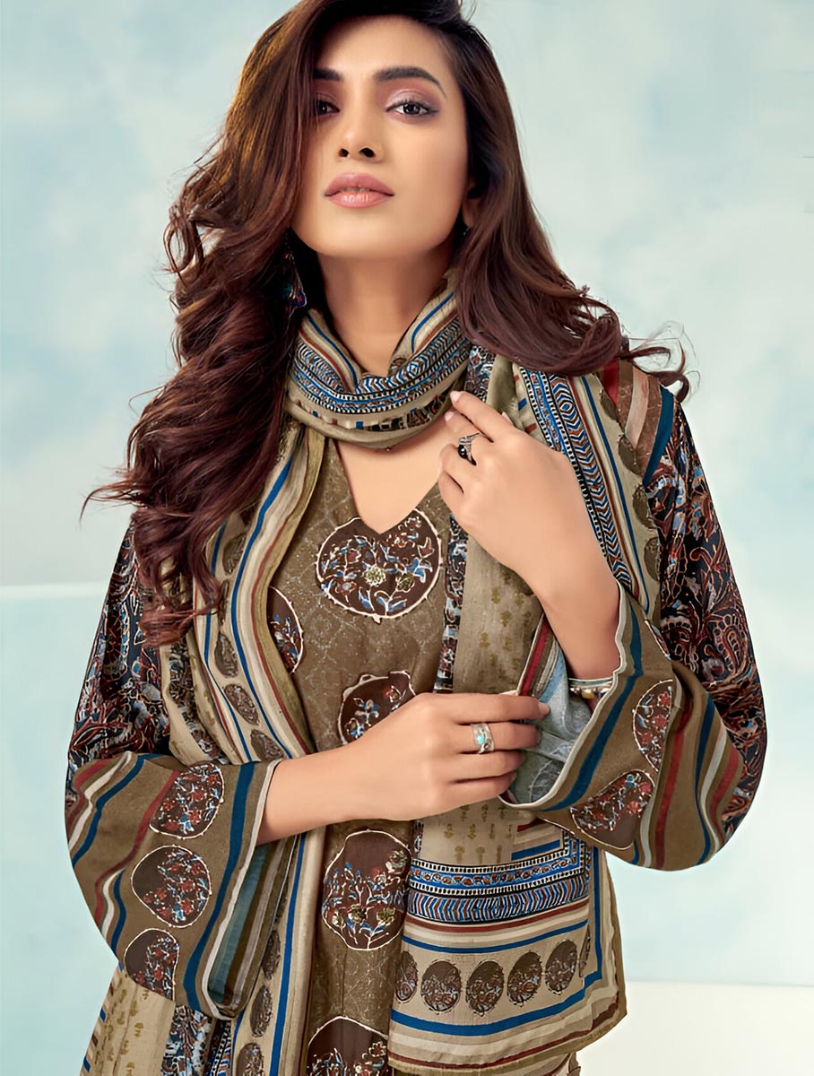 Brown Unstitched Printed Muslin Silk Suit Dress Material for Women