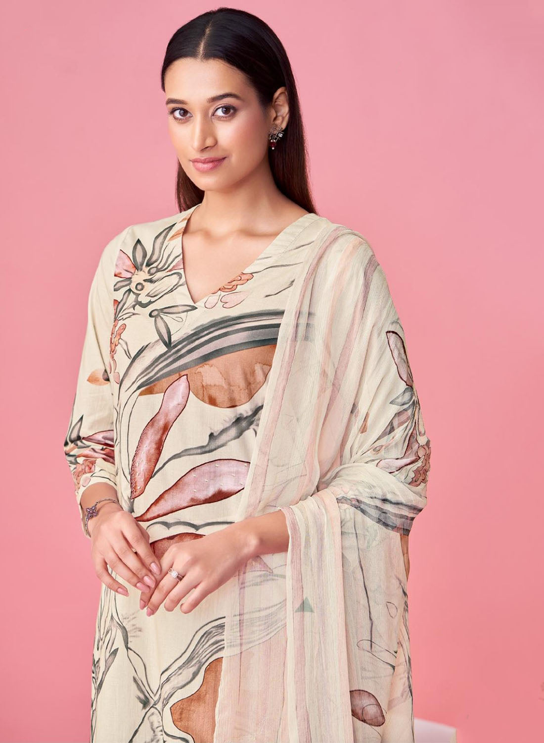 Cream Pure Cotton Lawn Printed Unstitched Salwar Suit Dress Material