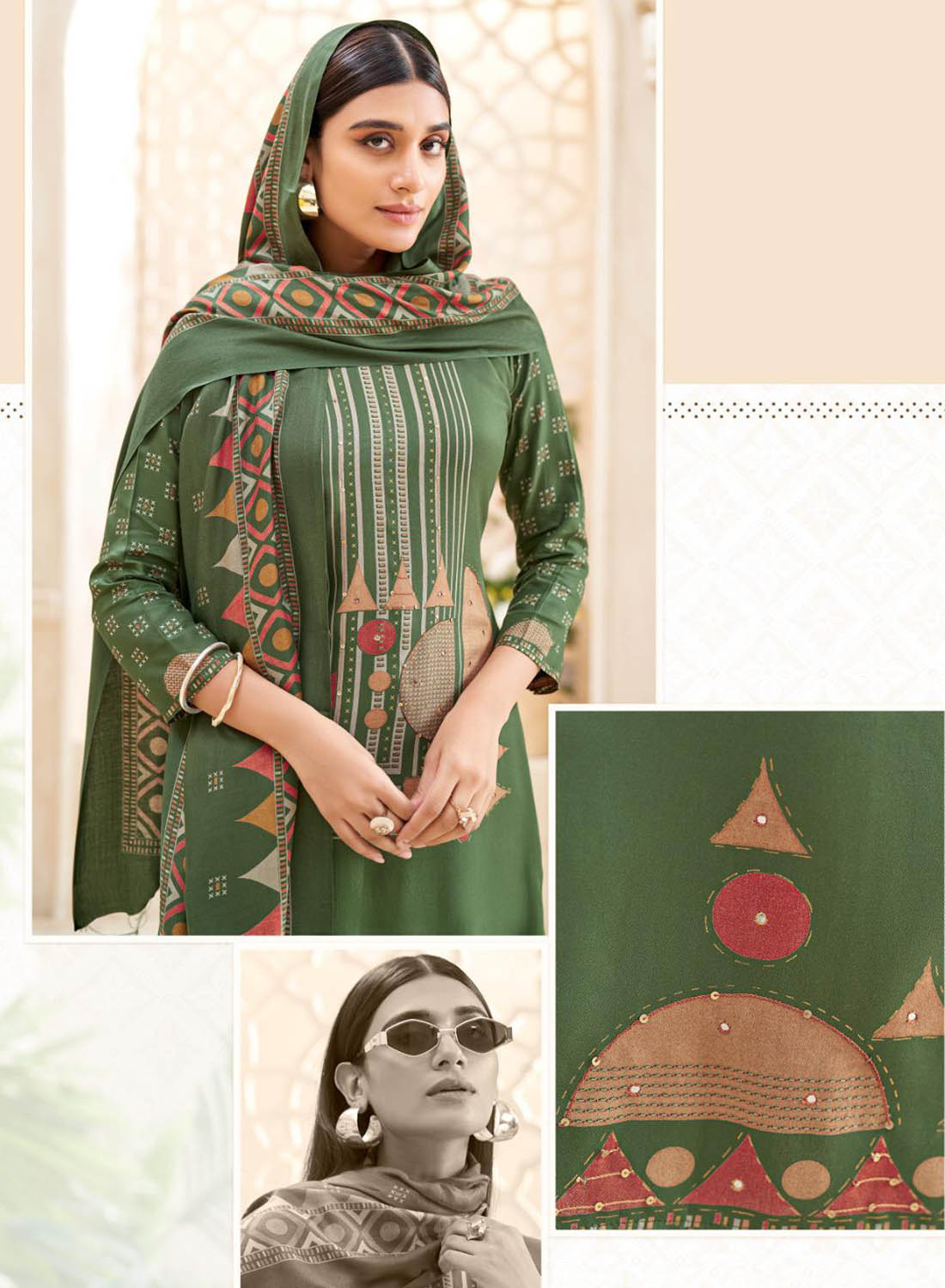 Green Viscose Pashmina Unstitched Winter Salwar Suit Material for Women