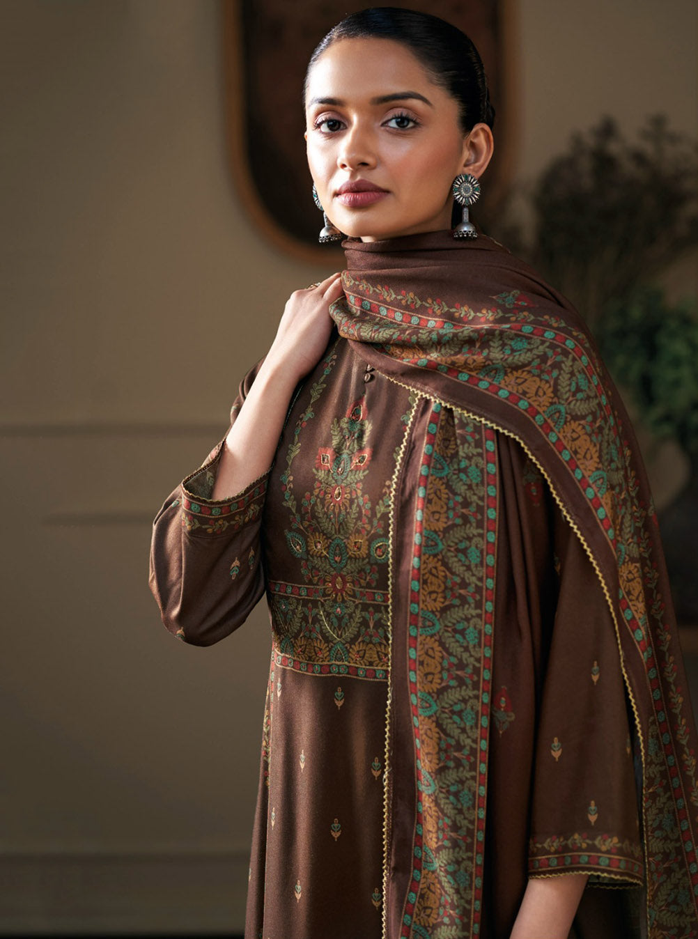 Ganga Pashmina Brown Unstitched Winter Suit Dress Material for Women
