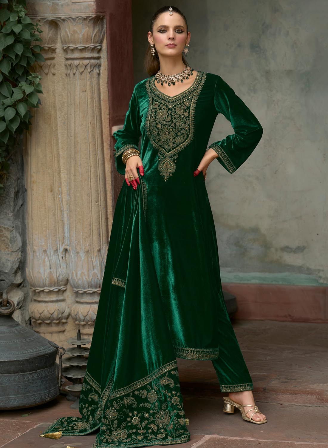 Green Party Wear Velvet Unstitched Suit Dress Material with Dupatta
