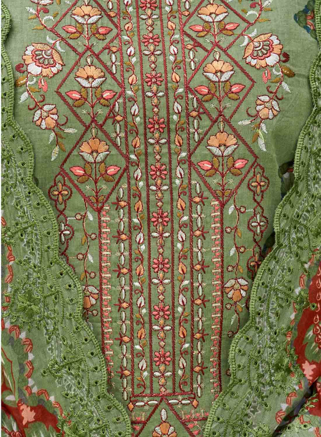 Pakistani Print Cambric Cotton Unstitched Suit Fabric with Embroidery Green