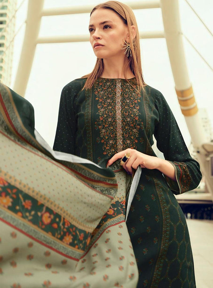 Viscose Pashmina Green Unstitched Winter Salwar Suit Set Dress Material