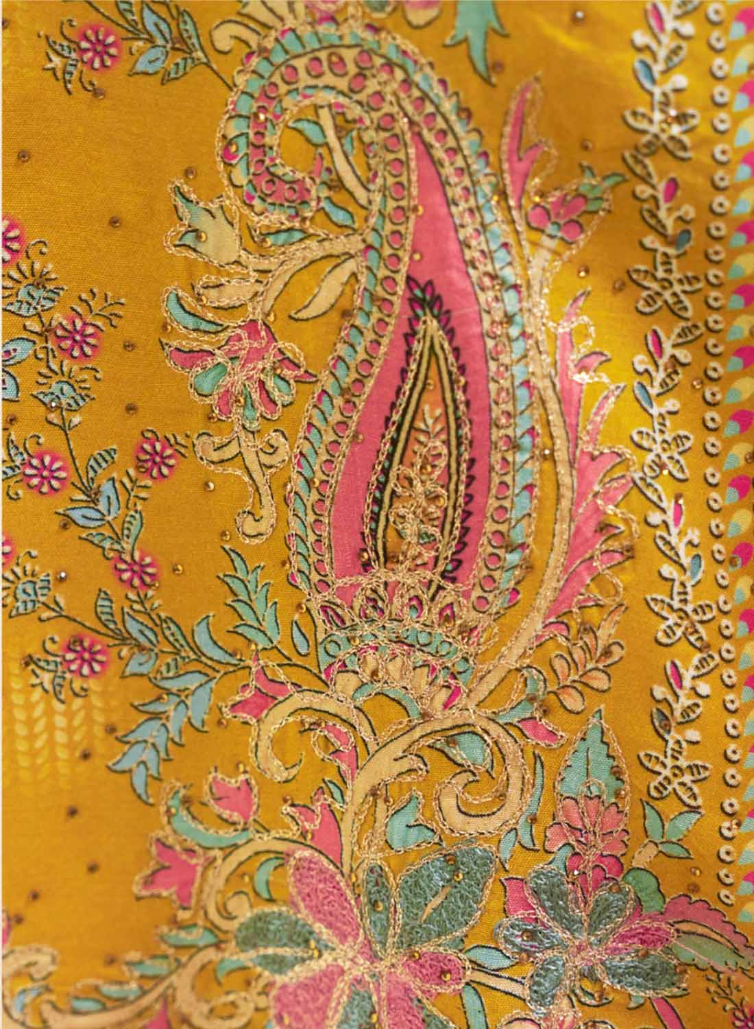 Mustard Pure Muslin Unstitched Salwar Suit Material with Handwork