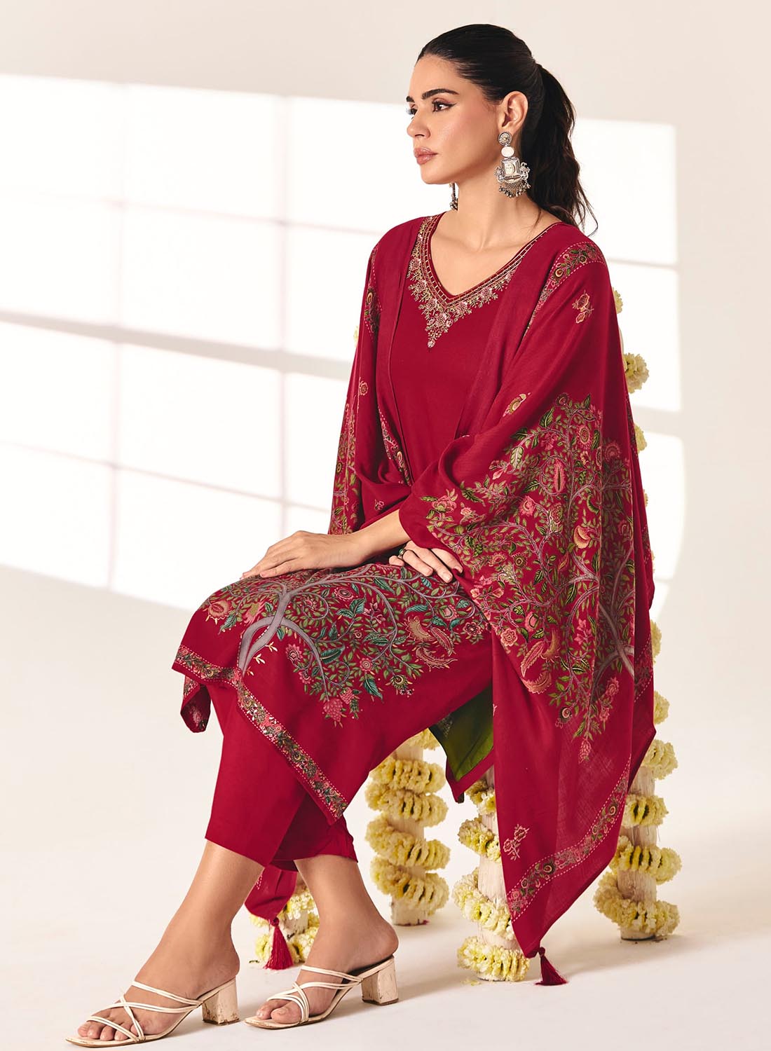 Red Pashmina Unstitched Winter Salwar Suit Set Material with Neck Embroidery