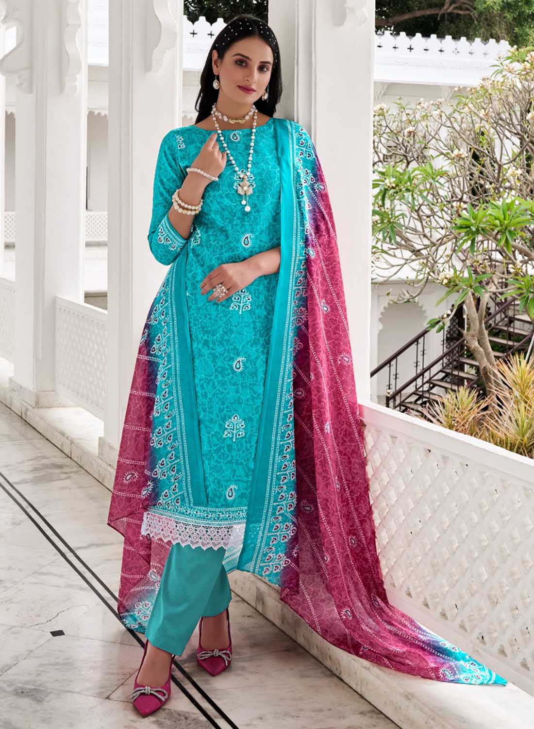 Pure Cotton Printed Unstitched Suit Material with Mirror and Lace Work