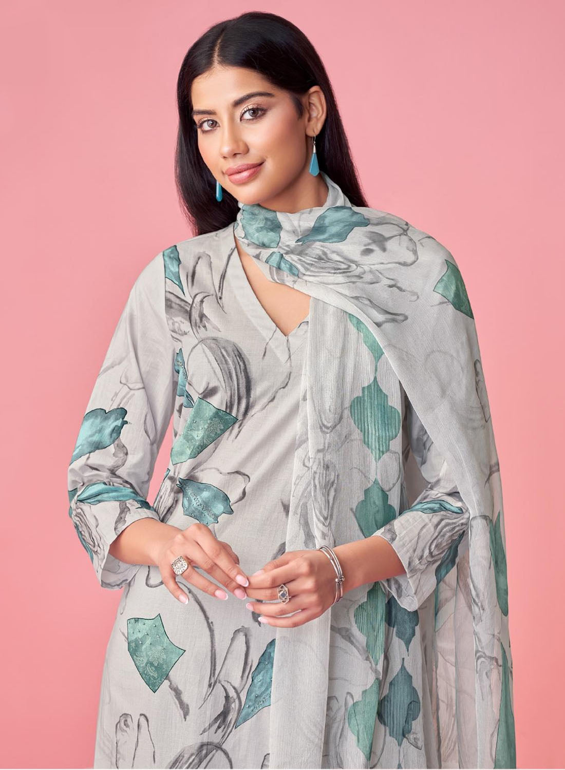 Grey Pure Cotton Lawn Printed Unstitched Salwar Suit Dress Material