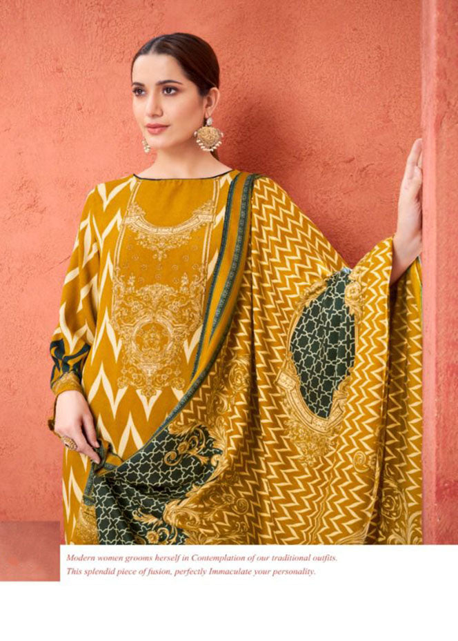 Pashmina Printed Yellow Winter Suit Dress Material with Fancy Lace