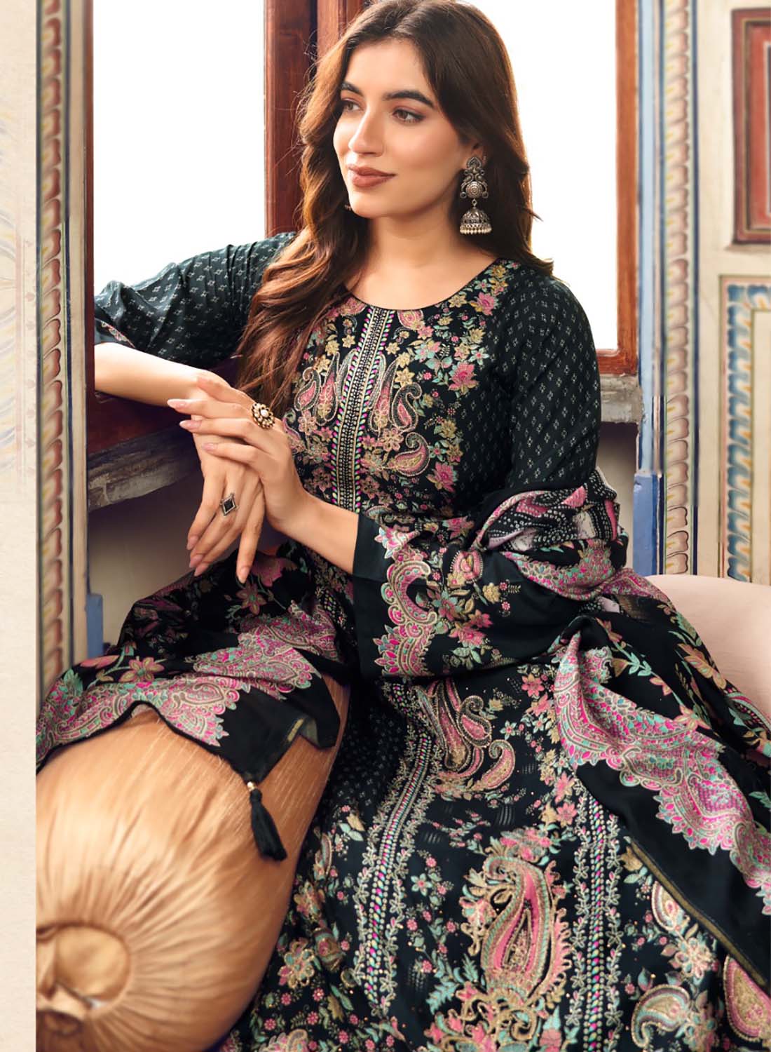 Black Pure Muslin Unstitched Salwar Suit Material with Handwork