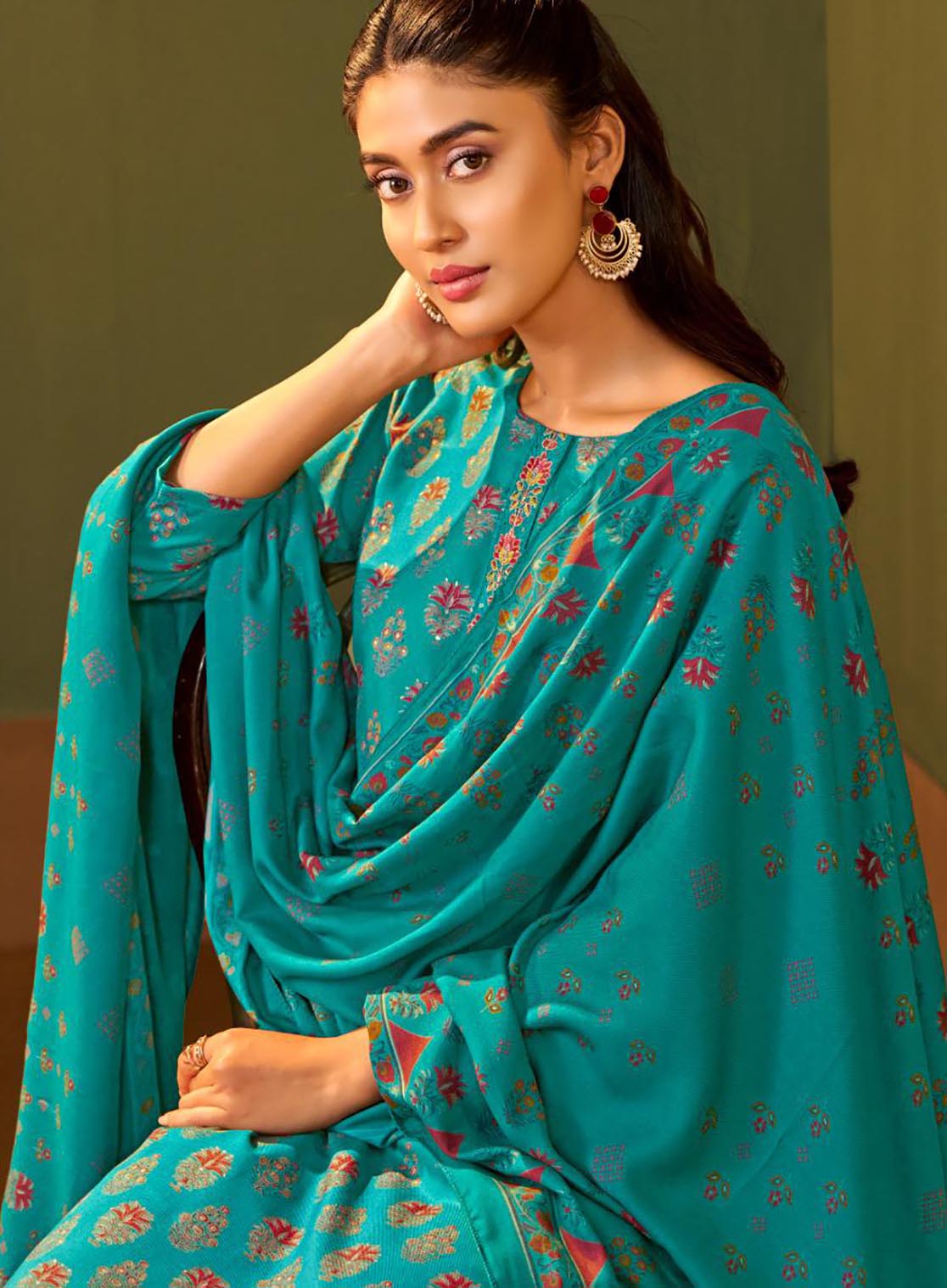 Teal Printed Unstitched Winter Salwar Suit Set Material for Women
