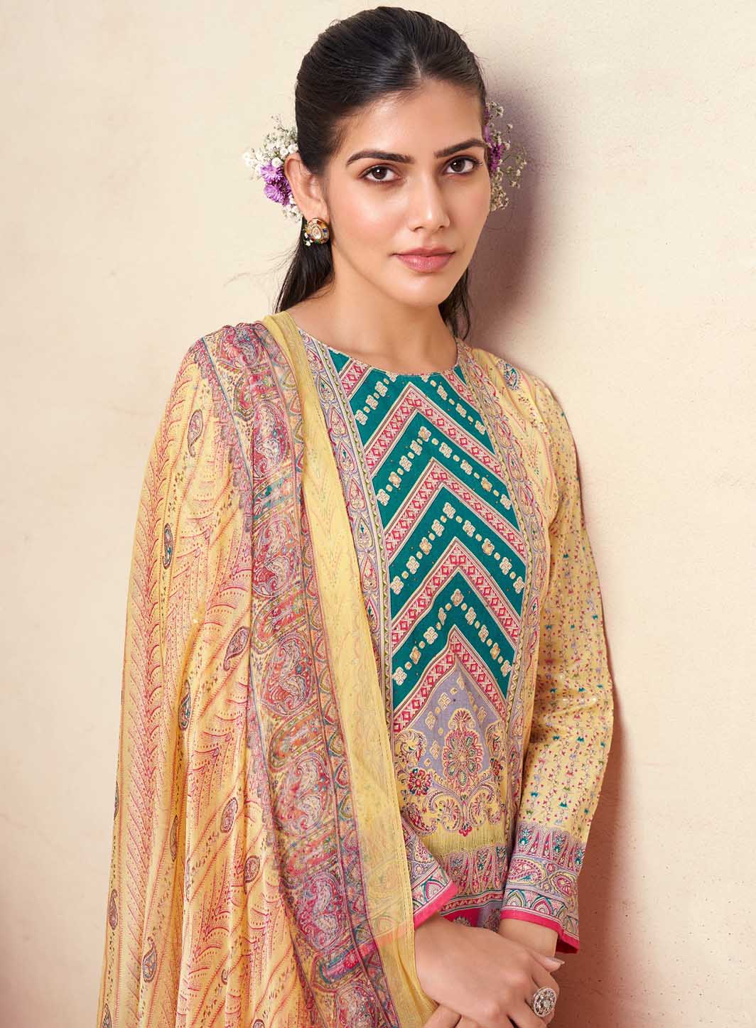 Pure Cambric Cotton Yellow Unstitched Suit Material with Zari Work