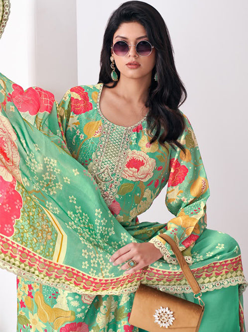 Party Wear Muslin Unstitched Pakistani Suit Material with Embroidery