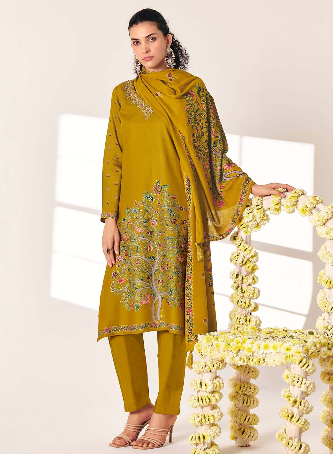Pashmina Unstitched Winter Salwar Suit Set Material with Neck Embroidery