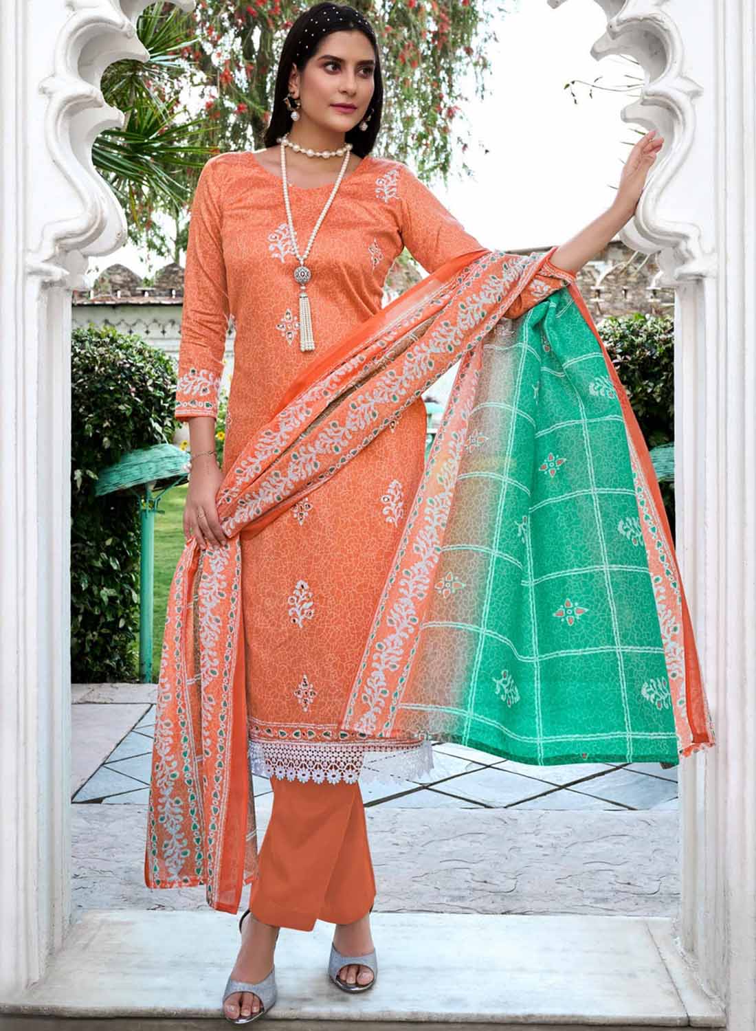 Women's Pure Cotton Unstitched Suit Material with Mirror and Lace Work