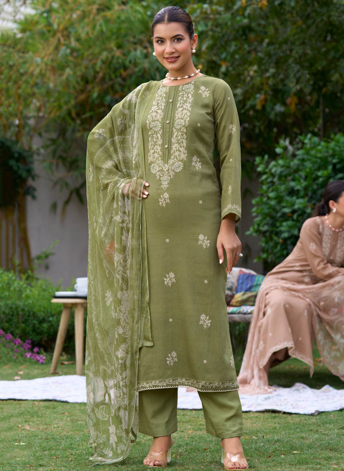 Party Wear Fancy Green Unstitched Cotton Satin Suit Material for Women
