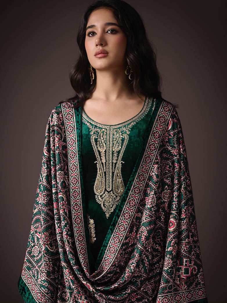 Party Wear Green Unstitched Velvet Suit Material with Heavy Embroidery