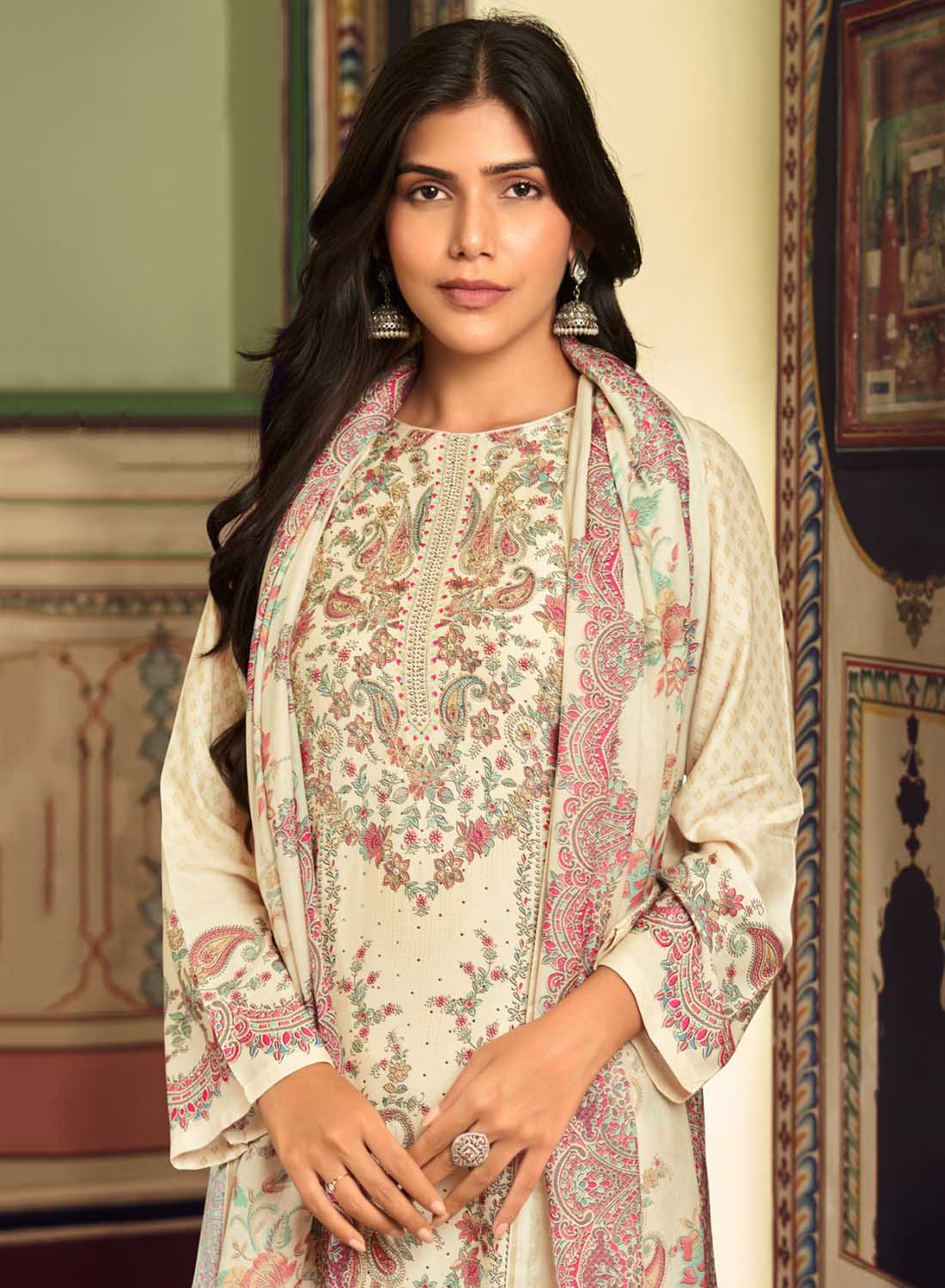 Beige Pure Muslin Unstitched Salwar Suit Material with Handwork