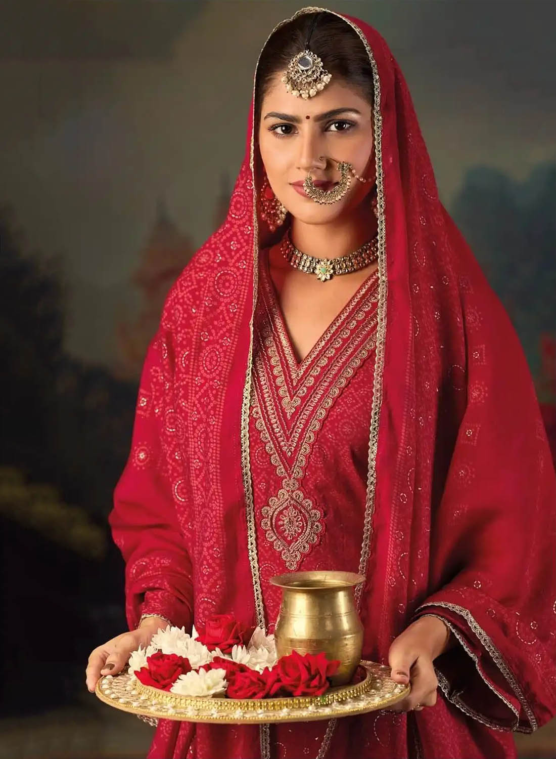 Party Wear Red Muslin Silk Unstitched Salwar Suit Set Material for Women