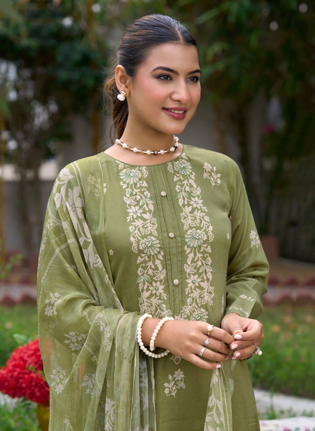 Party Wear Fancy Green Unstitched Cotton Satin Suit Material for Women