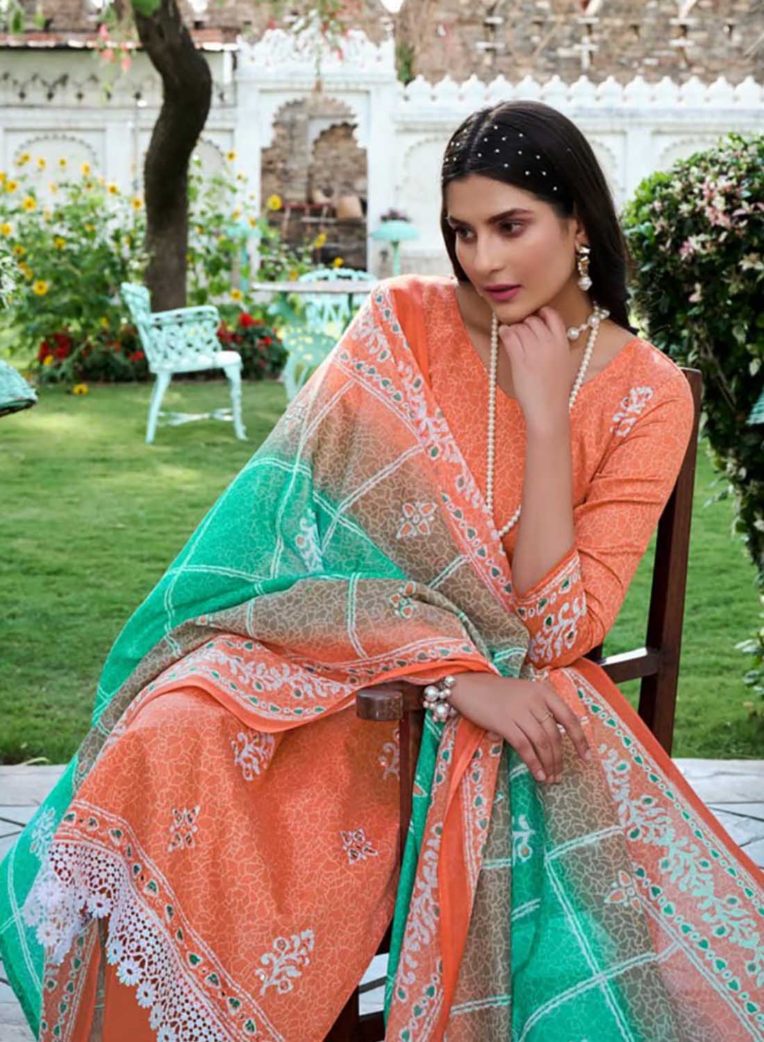 Women's Pure Cotton Unstitched Suit Material with Mirror and Lace Work