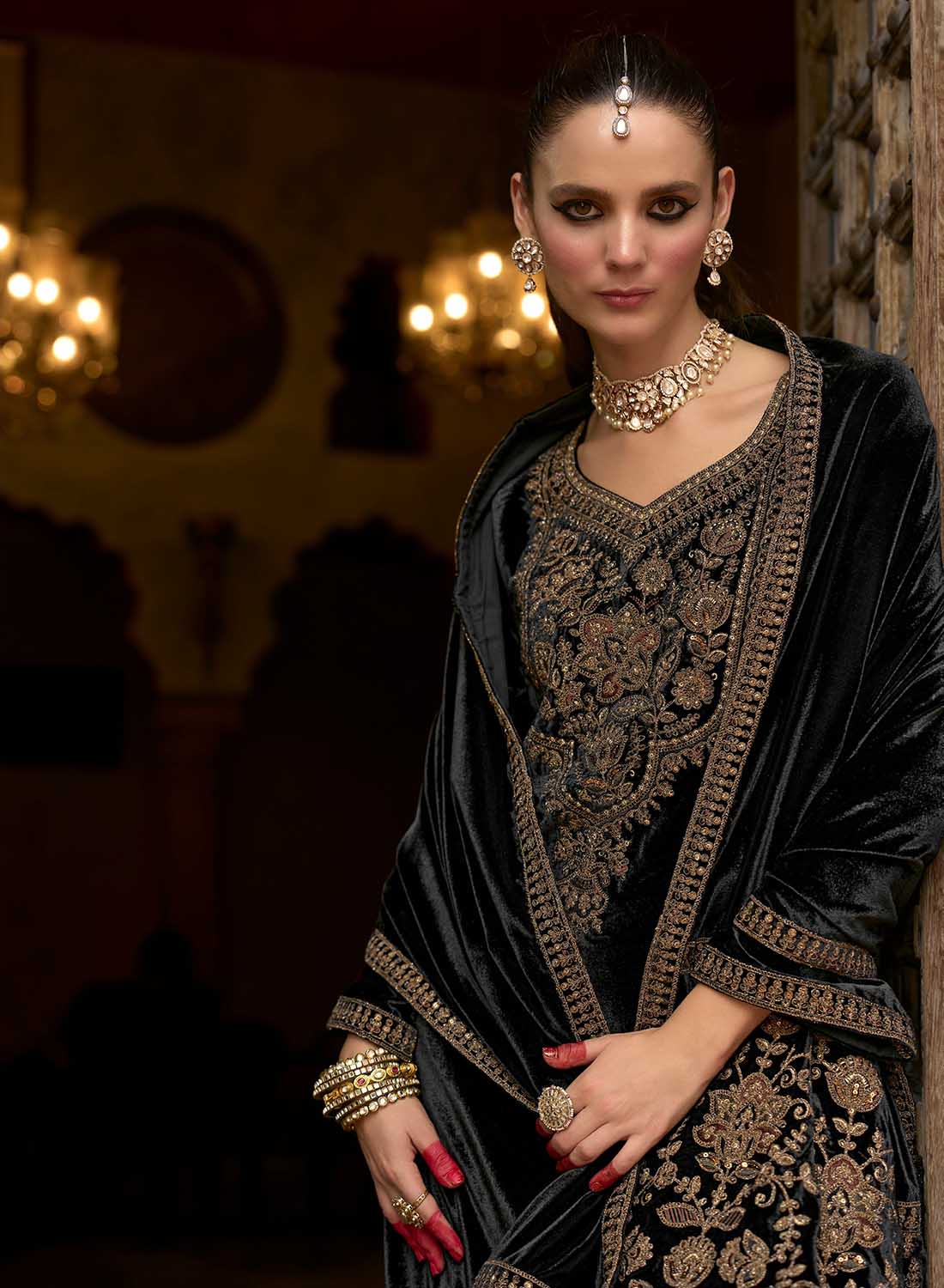 Black Party Wear Velvet Unstitched Suit Set Dress Material with Dupatta