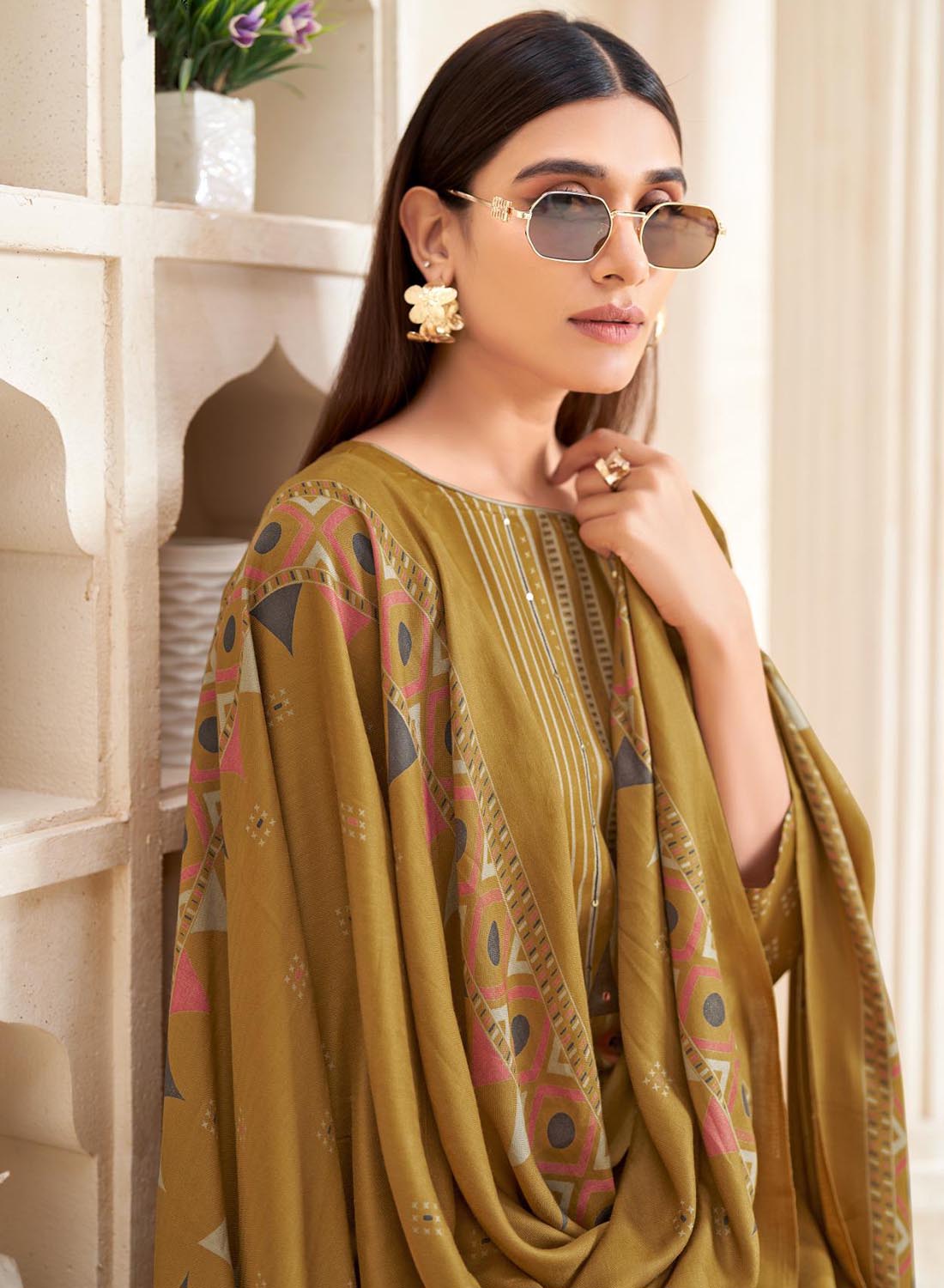 Mustard Viscose Pashmina Unstitched Winter Salwar Suit Material for Women