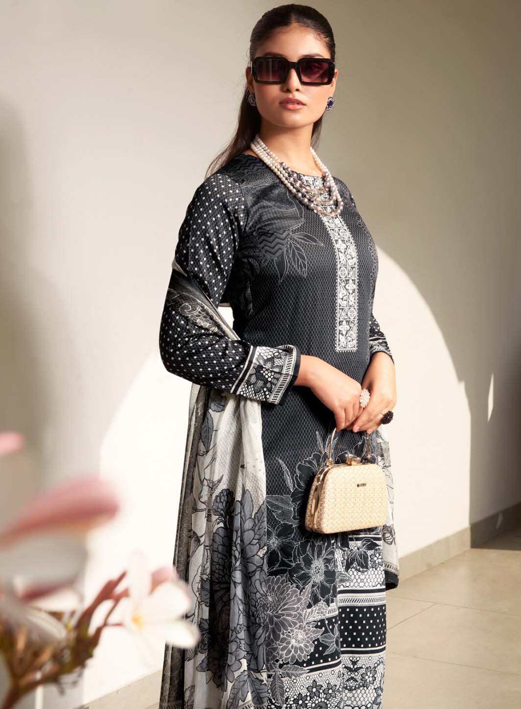 Black Cotton Satin Unstitched Salwar Suit Material for Women